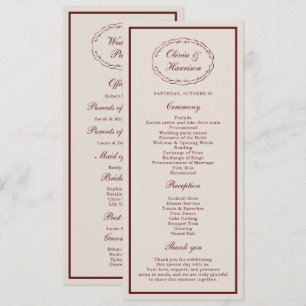 Carte de programme de mariage en Bourgogne Old Mon