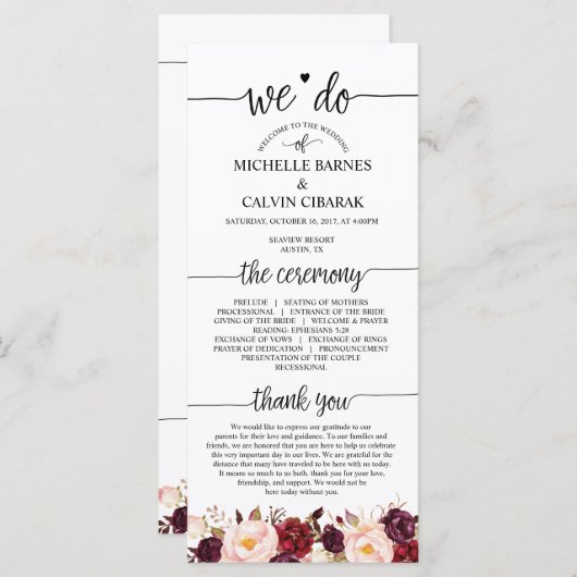 Carte de programme de mariage en calligraphie rust (Devant / Derrière)