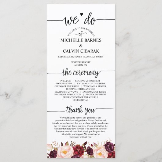 Carte de programme de mariage en calligraphie rust (Devant)