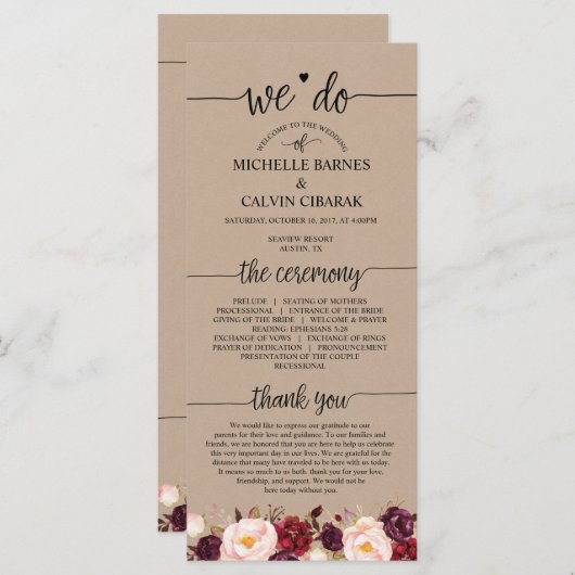 Carte de programme de mariage en calligraphie rust (Devant / Derrière)