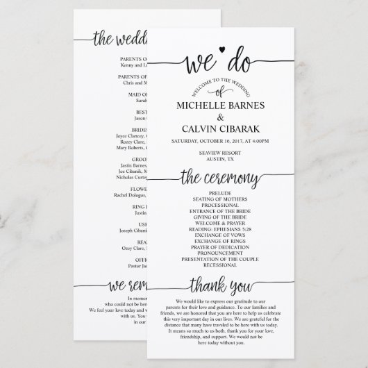 Carte de programme de mariage en calligraphie rust (Devant / Derrière)