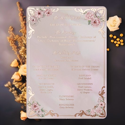 Carte de programme de mariage en feuille d'or rose