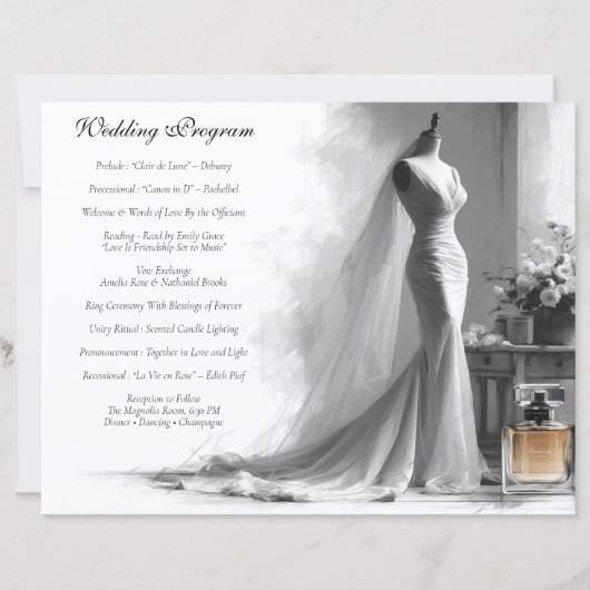 Carte de programme de mariage esquisse romantique (Devant)