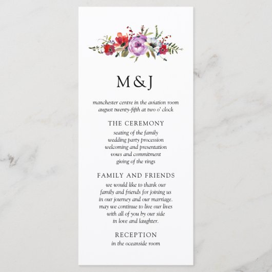 Carte de programme de mariage Fleurs sauvages et R (Devant)