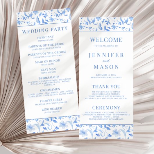 Carte de programme de mariage floral bleu clair