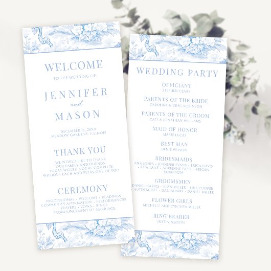 Carte de programme de mariage floral Blue Chinoise