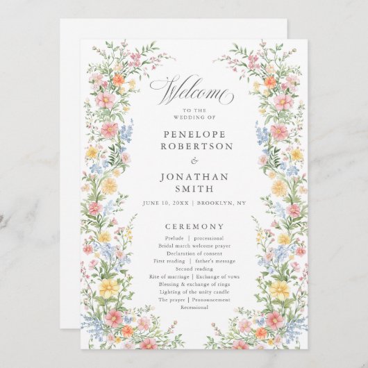 Carte de programme de mariage floral de jardin de  (Devant / Derrière)