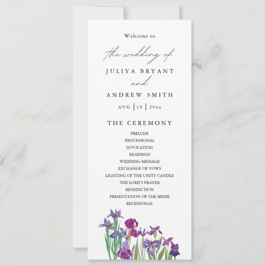 Carte de programme de mariage floral Iris aquarell (Devant)