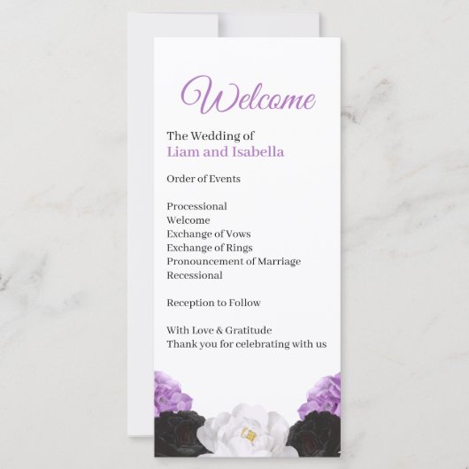 Carte de programme de mariage floral lavande (Devant)