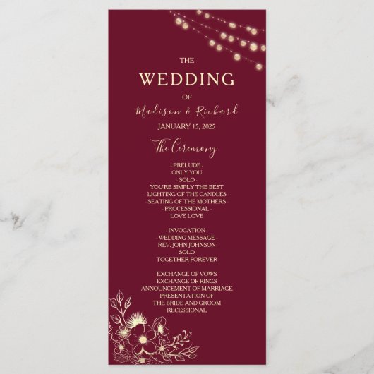 Carte de Programme de Mariage Floral Or Bourgogne (Devant)