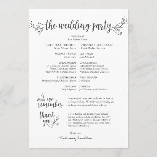 Carte de programme de mariage floral rustique 5x7  (Dos)