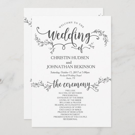 Carte de programme de mariage floral rustique 5x7  (Devant / Derrière)