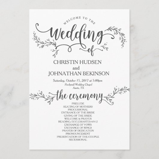 Carte de programme de mariage floral rustique 5x7  (Devant)