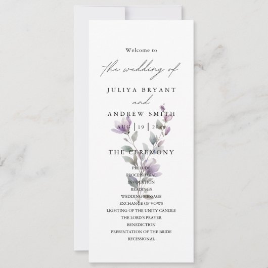 Carte de programme de mariage floral style propre (Devant)