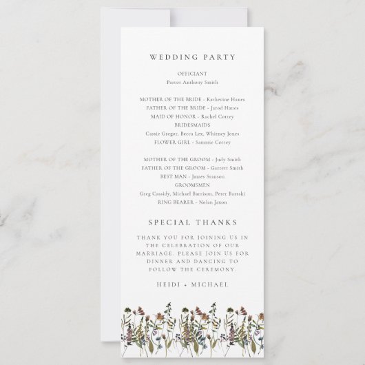 Carte de programme de mariage long HEIDI Boho Wild (Dos)