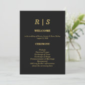 Carte de Programme de Mariage Luxe Noir et Or (Debout devant)