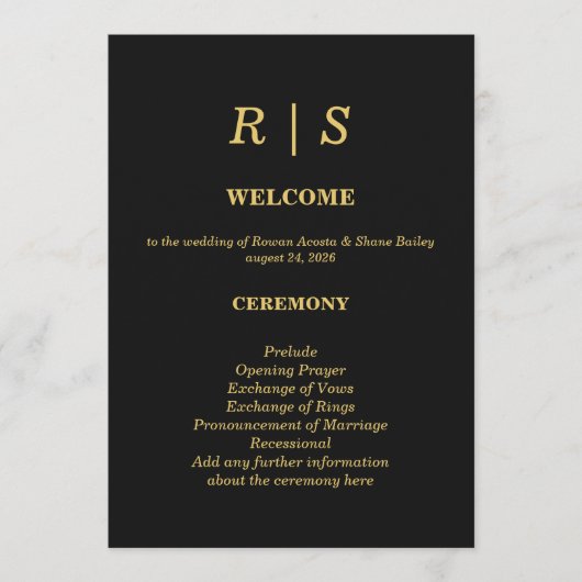 Carte de Programme de Mariage Luxe Noir et Or (Devant)