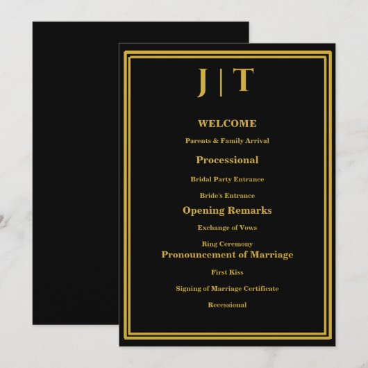 Carte de programme de mariage luxe noir et or mono (Devant / Derrière)