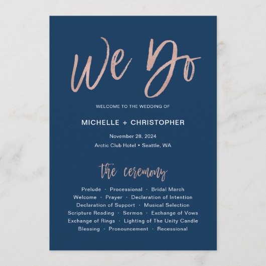 Carte de programme de mariage Marine & Rose Gold G (Devant)