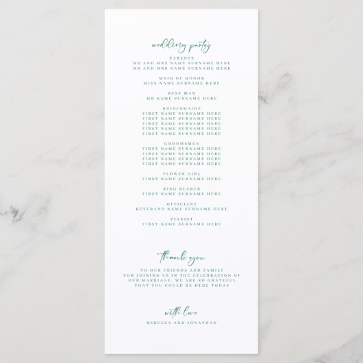 Carte de programme de mariage minimal à l'eucalypt (Dos)
