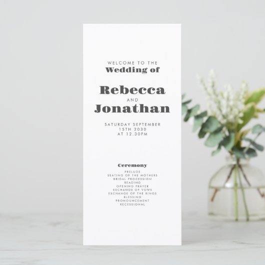 Carte de programme de mariage minimal en typograph (Debout devant)