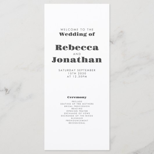 Carte de programme de mariage minimal en typograph (Devant)