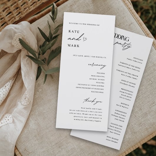 Carte de Programme de Mariage Minimaliste