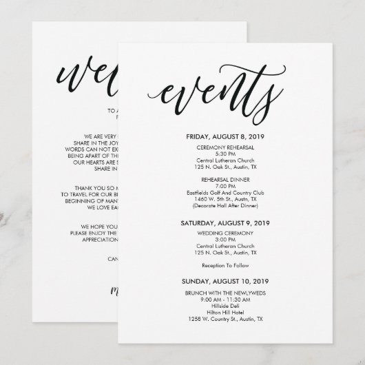 Carte de programme de mariage parfait (Devant / Derrière)