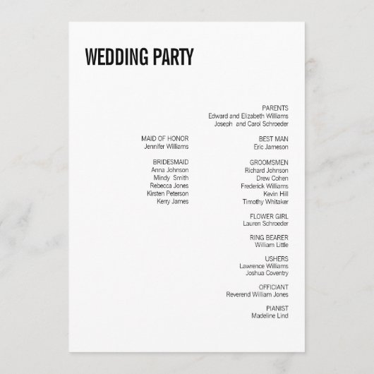 Carte de programme de mariage pour typographie sim (Dos)