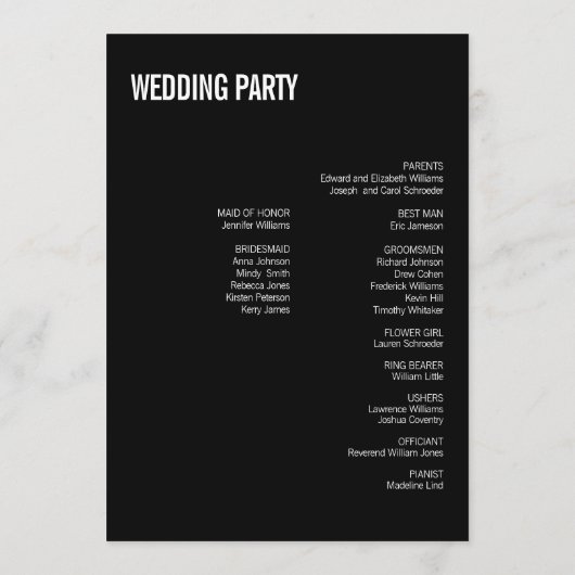 Carte de programme de mariage pour typographie sim (Dos)