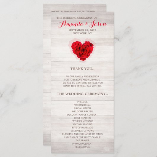 Carte de programme de mariage rouge rose hhn01 (Devant / Derrière)