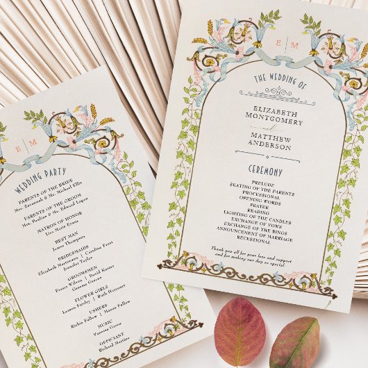Carte de programme de mariage royal vintage