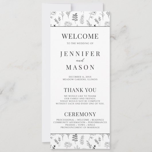 Carte de programme de mariage simple à florale noi (Devant)