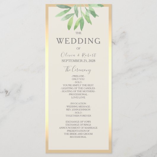Carte de Programme de Mariage Vert Doré (Devant)