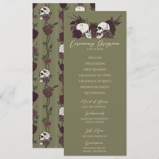 Carte de programme de mariage vert olive floral go (Devant / Derrière)