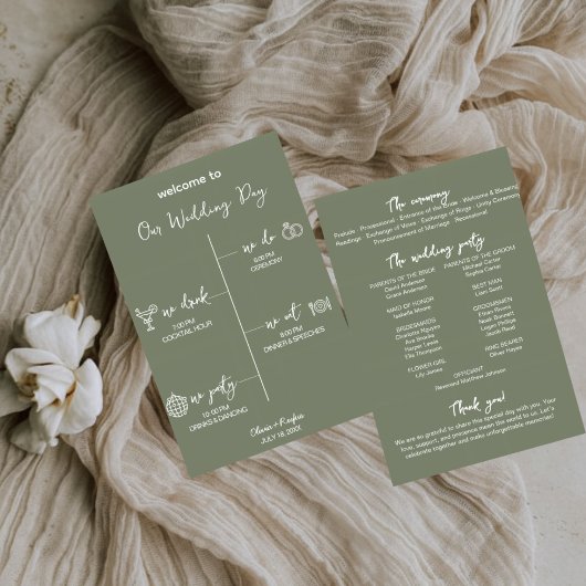 Carte de Programme de Mariage Vert Sauge Modifiabl