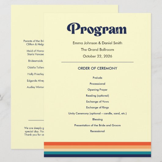 Carte de programme de mariage Vintage Vibes (Devant / Derrière)