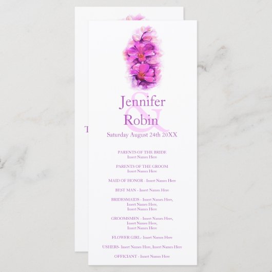 Carte de programme de mariage violet rose orchidée (Devant / Derrière)