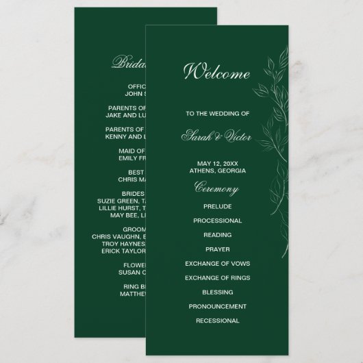 Carte de programme double côté Emerald Green leaf (Devant / Derrière)