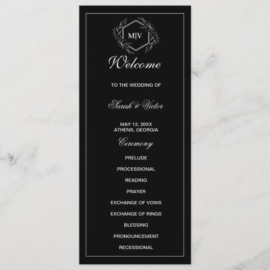 Carte de programme double côté Monogramme noir et  (Devant)