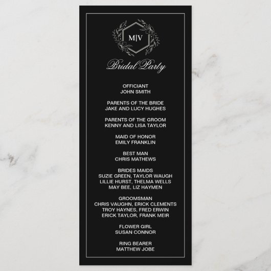 Carte de programme double côté Monogramme noir et  (Dos)