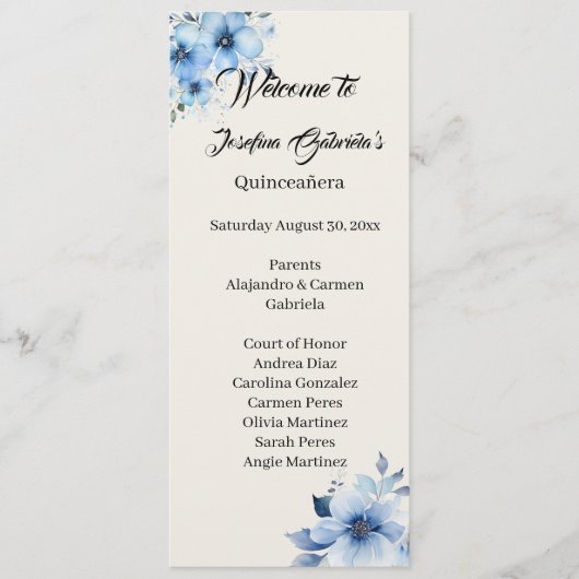 Carte de programme double face bleu pour Quinceane (Devant)