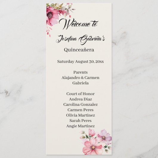 Carte de programme double face rose Quinceanera  (Devant)