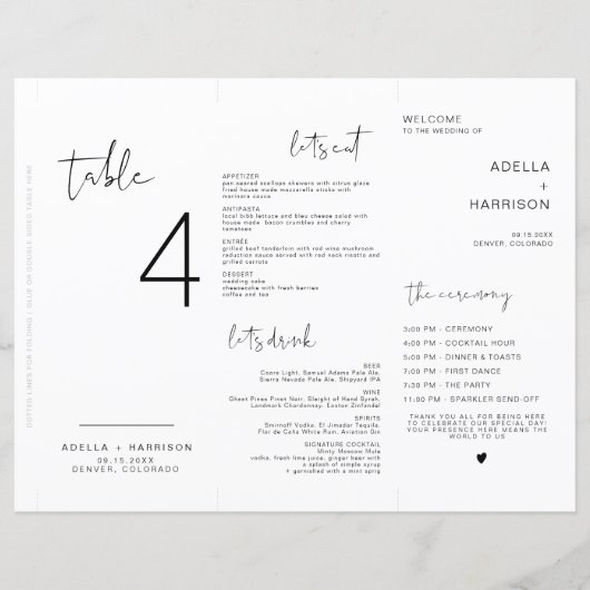 Carte de programme du menu du numéro de table trip (Devant)