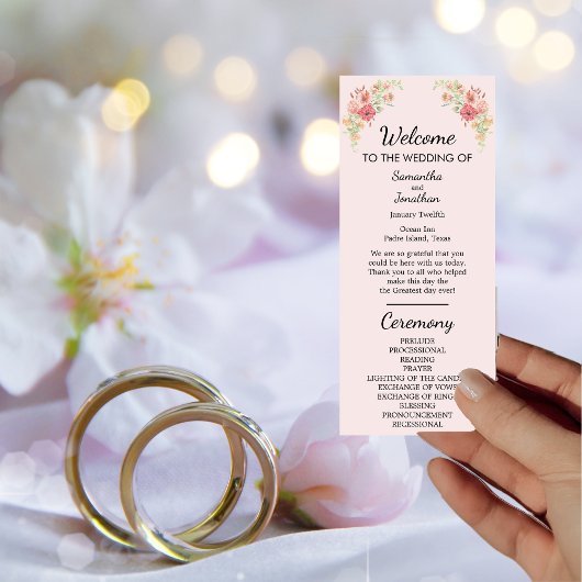 Carte de programme Fleurs d'aquarelle rose Boho