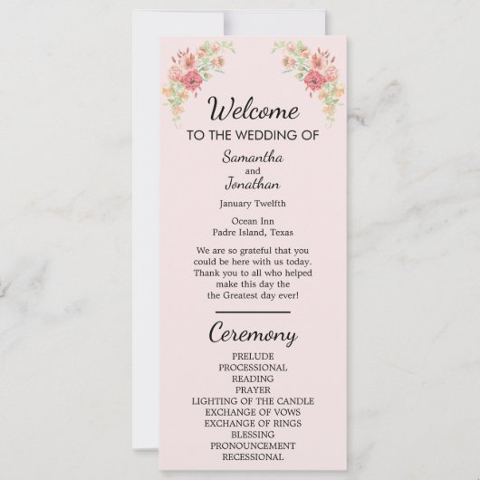 Carte de programme Fleurs d'aquarelle rose Boho (Devant)