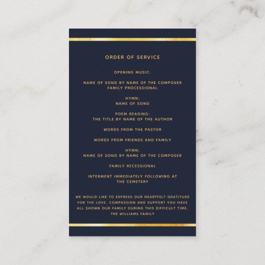 Carte de programme funéraire en or bleu (Dos)