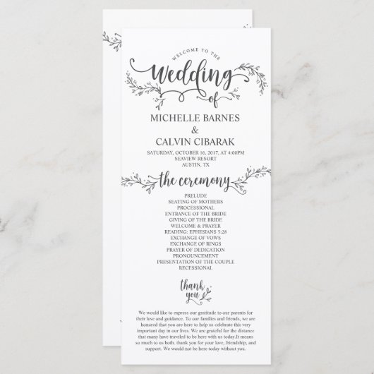 Carte de programme Mariage rustique dans la concep (Devant / Derrière)