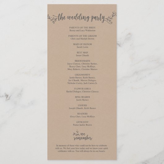Carte de programme Mariage rustique en arrière - p (Dos)