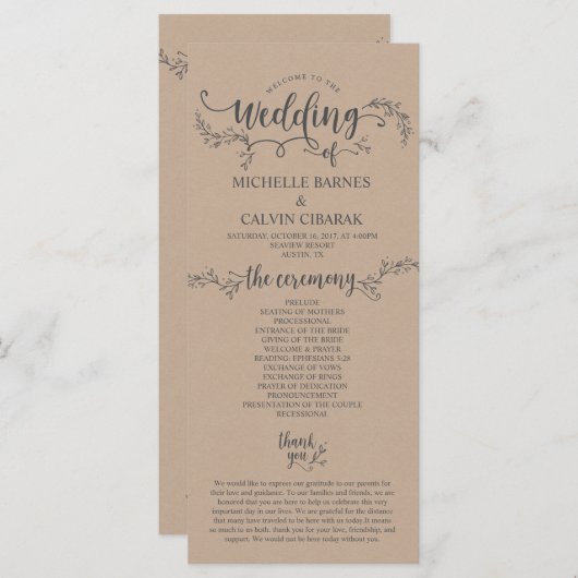 Carte de programme Mariage rustique en arrière - p (Devant / Derrière)